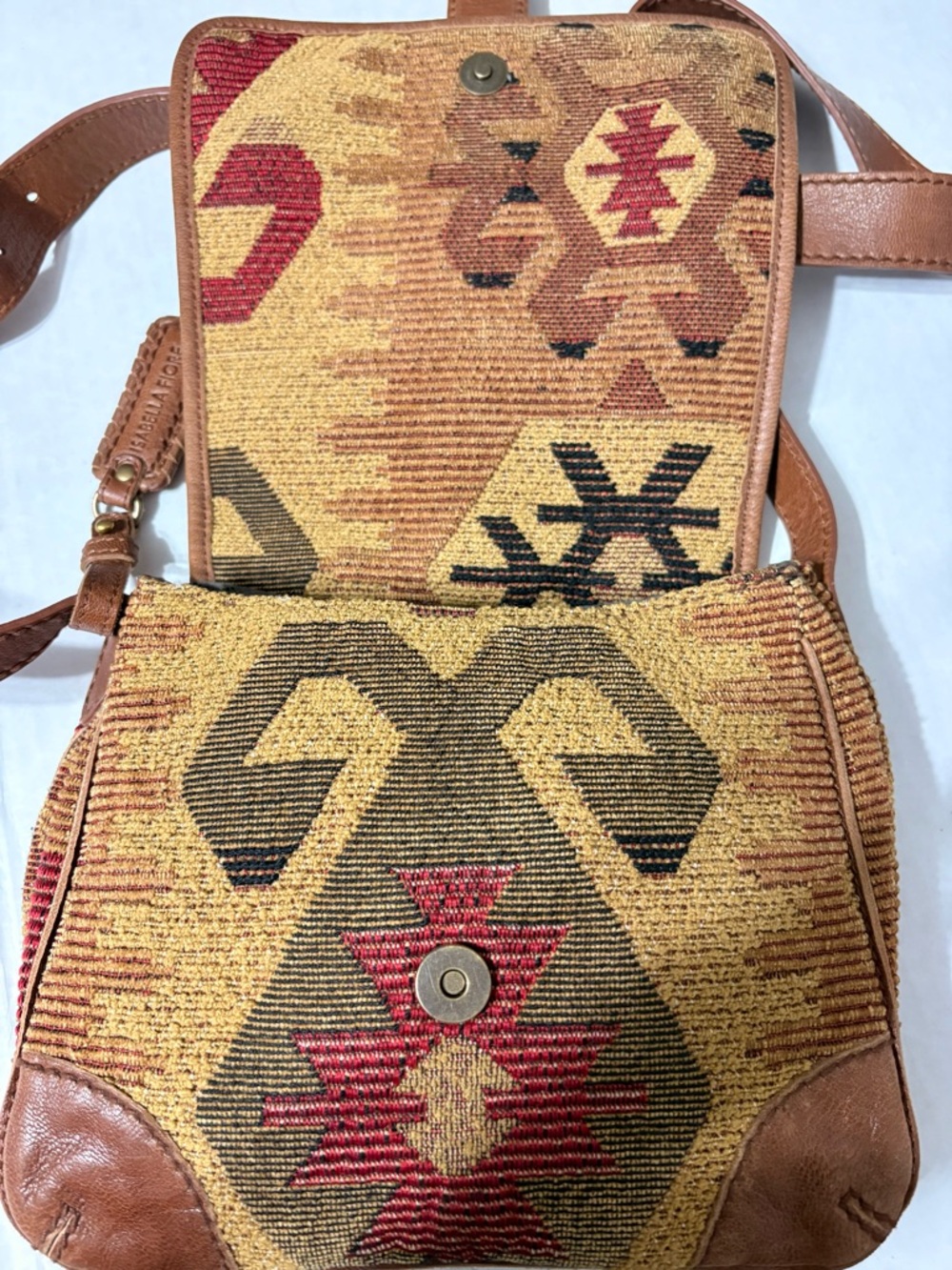 Isabella Fiore Vintage Tan Leather Southwest Tapestry Woven Crossbody Shoulder